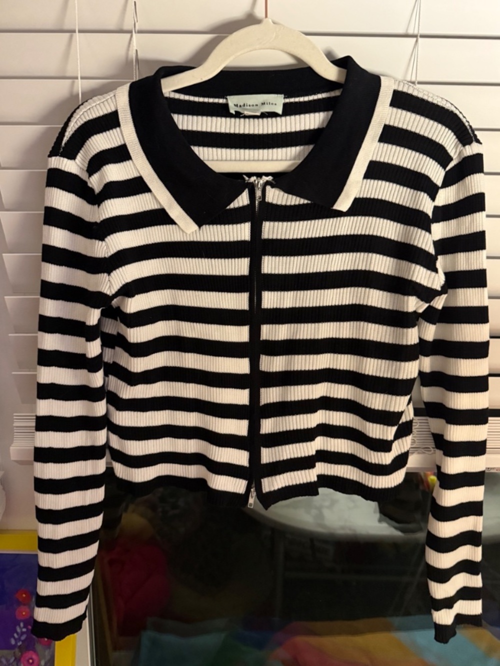 Madison Miles Black White Striped Ribbed Zip Cardigan Sweater S/M